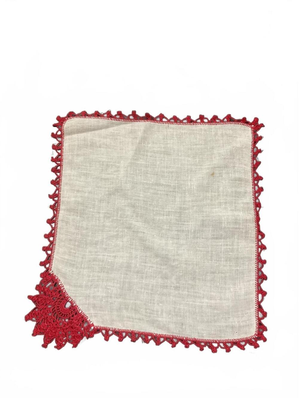Vintage White and Red Crochet Trim Handkerchief